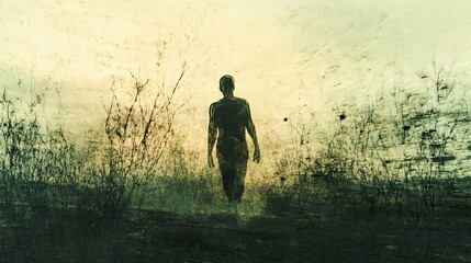 A Solitary Ghost Figure Emerging from a Mist-Filled Forest