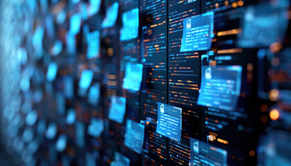 Document analysis platform powered by neural networks, Abstract digital interface with glowing data panels displaying information and codes, Artificial Intelligence in Document Analysis.