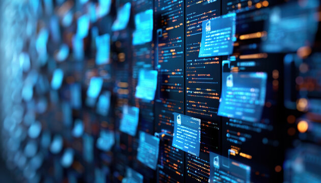 Document analysis platform powered by neural networks, Abstract digital interface with glowing data panels displaying information and codes, Artificial Intelligence in Document Analysis.