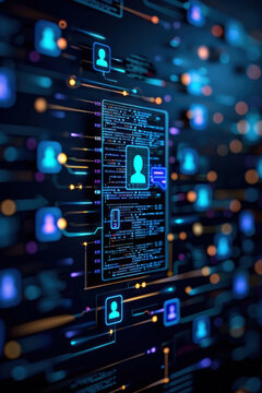 AI tracking customer complaint patterns from feedback documents, Futuristic digital background with user profiles, data connections, and glowing elements Artificial Intelligence in Document Analysis.