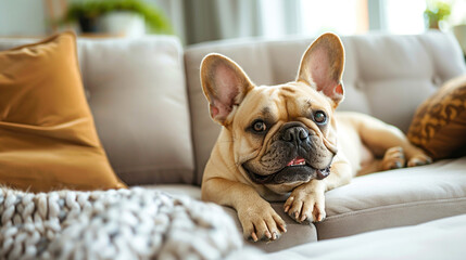 Domestic pet happy life. Care, grooming and тutrition of a dog concept. French bulldog happy dog is lying on a cozy sofa in a modern living room