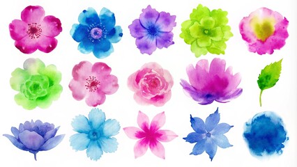 Very peri watercolor flowers clip-art. Purple flowers on a white background. Hand-painted abstract botanical illustrations bundle. 