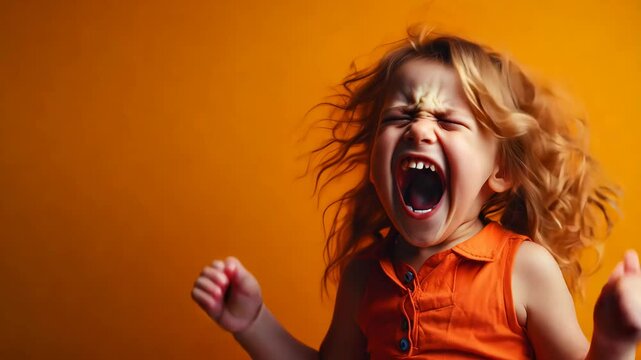 A child screaming and a copyspace on a orange background	