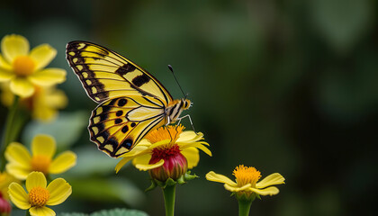 A butterfly is sitting on a yellow flower