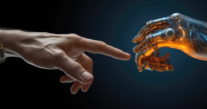 Human hand reaches out to robotic hand.