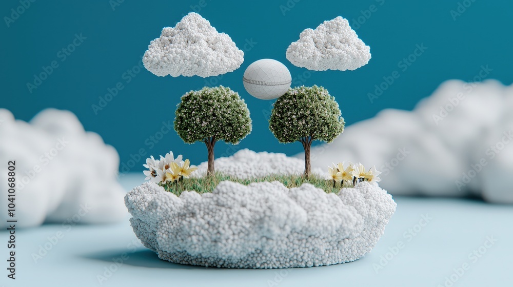 Poster surreal 3d render of miniature trees and clouds on a floating island