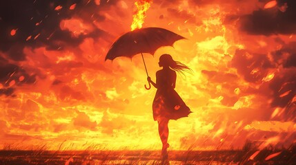 mysterious woman holds the burning umbrella standing against sunset sky background, digital art style, illustration painting. 