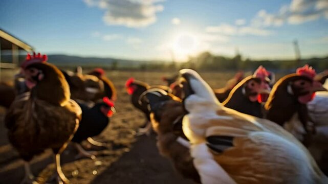 A hen stares directly at the camera, surrounded by other chickens in a barnyard setting