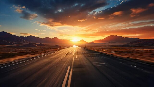Driving on the road through the desert area in the valley of the mountains at sunrise