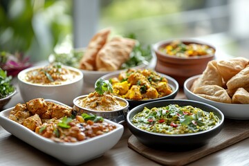 Fototapeta premium Assorted Indian cuisine set on wooden table