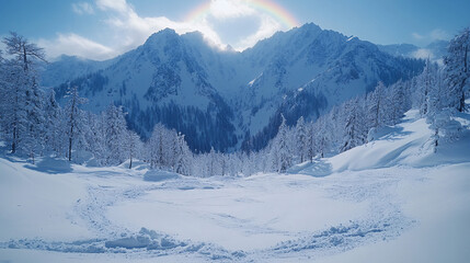 Fototapeta premium Winter, landscape and rainbow in Mountain forest with snow on trees in countryside, environment or woods. Sunshine, clouds or peace in nature with colors in sky like heaven