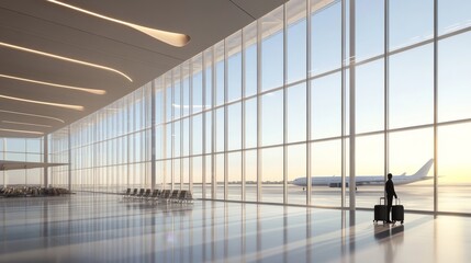 airport terminal interior, lone traveler silhouette, expansive windows, airplanes on tarmac, rolling luggage, modern architecture, diffused natural light