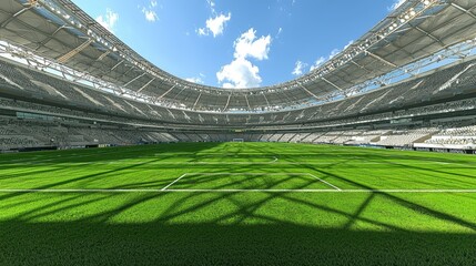 Fototapeta premium A panoramic view of a modern, open stadium with vibrant green grass under a blue sky, ideal for sporting events.