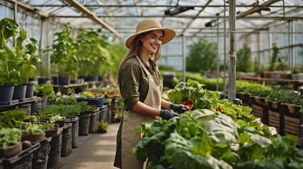 Obraz premium Smiling woman harvesting vegetables in greenhouse