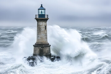 Obraz premium A lighthouse in the middle of a stormy sea, concept of a leadership