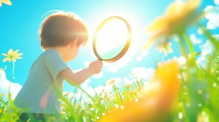curious child examining grassland, handheld magnifier, sun-drenched flora, cerulean sky visible, upward view through foliage, youthful exploration, vibrant natural colors, stem learning concept