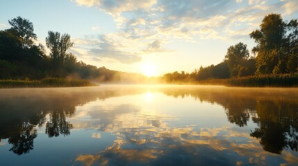 Fototapeta premium 15 Drifting fog over a still lake at dawn, foggy weather, calm and ethereal