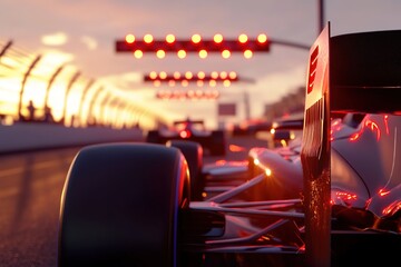 Race car on track waiting for signal at sunset