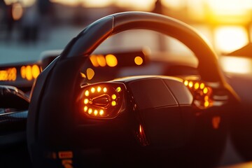 Fototapeta premium Sunset glow illuminates car's steering wheel and dashboard