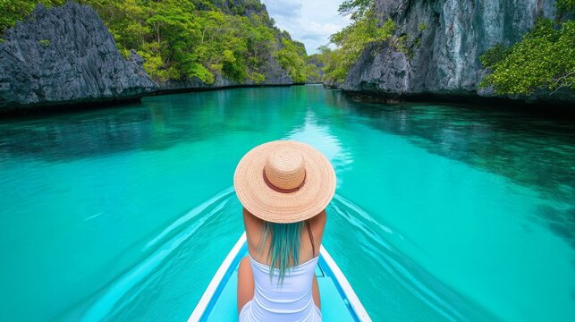 female explorer on boat journey, emerald lagoon surrounded by karst formations, dense tropical foliage, calm reflective water surface, wanderlust adventure scene, vibrant nature colors, wide-angle