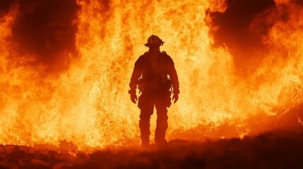 Fototapeta premium firestorm backdrop, lone firefighter silhouette, swirling flames and smoke, daring escape scene, child in arms, gritty realism, photojournalistic style