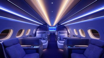 Fototapeta premium first-class journey, trendy individual, amber-hued lighting, in-flight entertainment, textured sweater, panoramic view, luxurious leather upholstery, peaceful ambiance