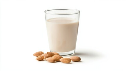 Almond milk in a glass with almonds on white background – vegan and dairy-free beverage choice