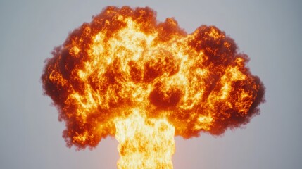 massive fireball eruption, billowing dark smoke clouds, intense orange flames, mushroom cloud formation, white background, high-contrast photography, dramatic lighting, industrial accident simulation