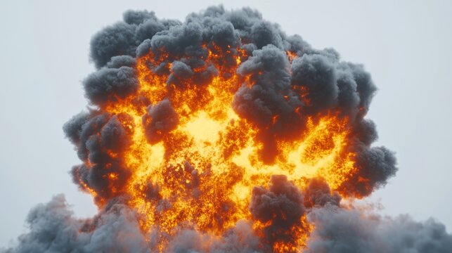 massive fireball eruption, billowing dark smoke clouds, intense orange flames, mushroom cloud formation, white background, high-contrast photography, dramatic lighting, industrial accident simulation