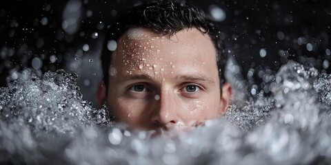 Man s Face Emerging from Water with Splashing Drops