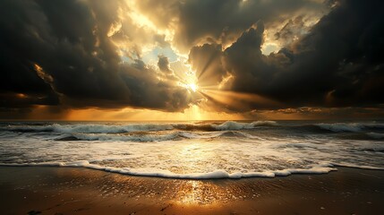 41 Sun rays breaking through dark storm clouds over the ocean, dramatic weather, hope after the storm