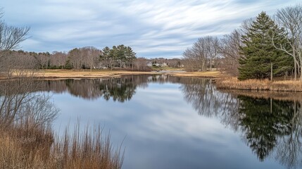 Scenic massachusetts landscape of bass river in beverly, capturing the peaceful beauty of a serene coastal shoreline with gentle waves, lush greenery, and clear blue skies in an idyllic new england is