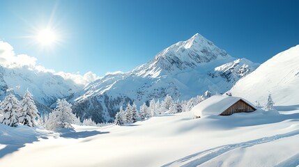 42 Snowcapped mountains under a clear blue sky, winter weather, cold and majestic
