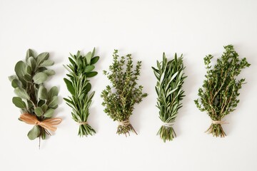 Fresh aromatic herb bundles on white background featuring sage, rosemary, thyme, and oregano