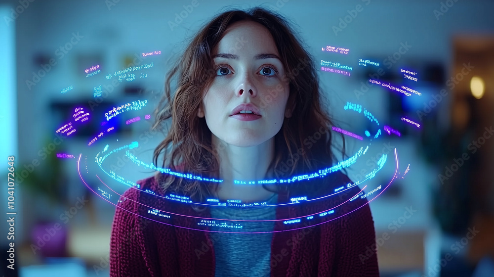 Poster woman gazes in awe at floating digital data, immersed in futuristic environment. serene moment captu