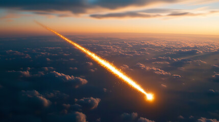bright meteor streaks through sky, leaving trail of glowing particles as it descends through clouds at sunset. scene captures awe inspiring beauty of natures phenomena