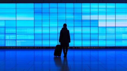 globe-trotter silhouette, illuminated flight schedules, personal luggage, trendy travel ensemble, quiet airport scene, gleaming tile floor, contemporary aviation hub