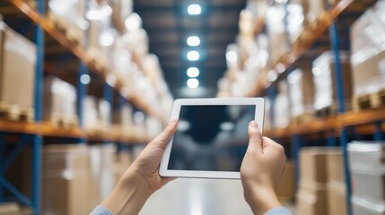 Smart warehouse management system.Worker hands holding tablet on blurred warehouse as background