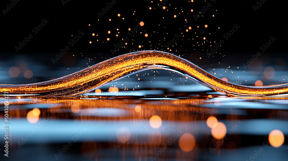Poster mesmerizing wave of liquid glistens with golden sparkles, creating captivating visual effect against dark background. interplay of light and water evokes sense of tranquility and beauty