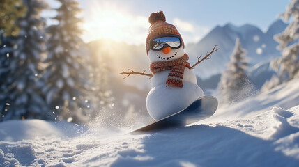 Obraz premium Snowman snowboarding down a mountain slope, with goggles and a scarf, embracing a humorous and festive winter adventure in this creative holiday scene. Image made using Generative AI.