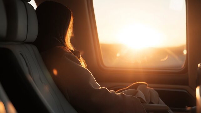 high-end transportation, youthful passenger, sun flare through window, personal audio enjoyment, comfortable attire, serene expression, opulent surroundings