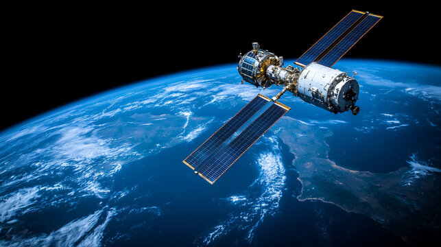 satellite orbits Earth, showcasing its solar panels and intricate design against backdrop of planets surface. view captures beauty of space and technology - Powered by Adobe