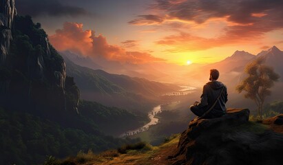 Fototapeta premium A lone man sits on a cliff overlooking a valley