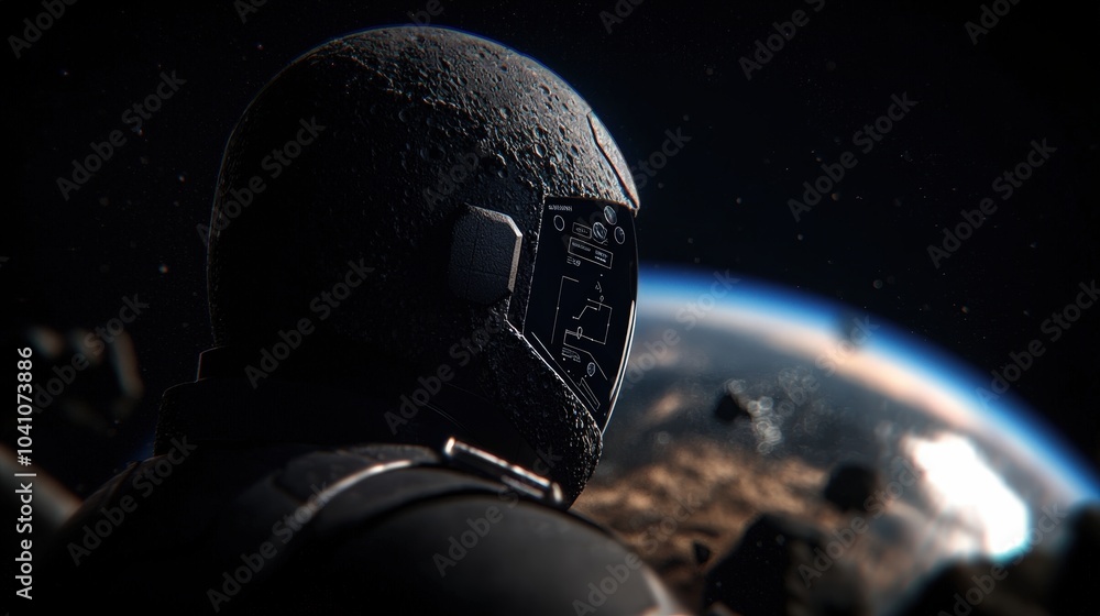 Poster astronaut in space suit views distant planet with augmented reality