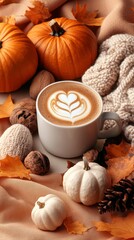 A warm latte amidst pumpkins and autumn leaves, evoking a cozy and relaxed atmosphere perfect for the fall season.