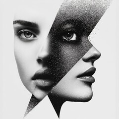 A striking abstract portrait split into black and white segments, symbolizing duality and contrasting perspectives.