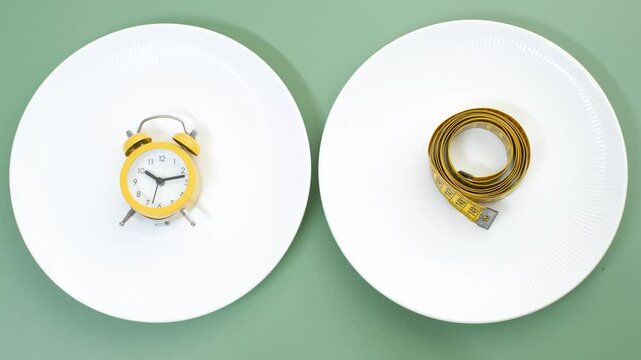 Female hand puts measuring tape and alarm clock on an empty plate on green background, top view.