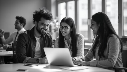 Laughing young Indian executives corporate workers teammates of diverse gender use computer app together enjoy conversation discuss funny work situation. Two colleagues friends having fun on workplace