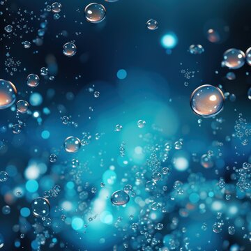 Colse - up blue background with floating deep sea underwater bubbles