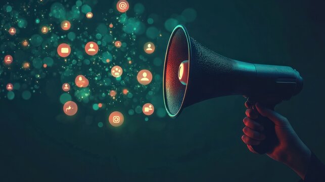 A hand holding a megaphone with glowing social media icons and people symbols on a dark green background, concept of marketing or advertising a social network service. - Powered by Adobe
